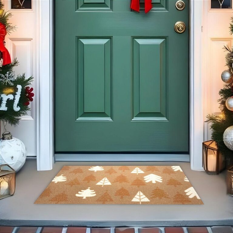 Tapete De Porta Capacho Divertido Natal Floresta Ouro e Branco