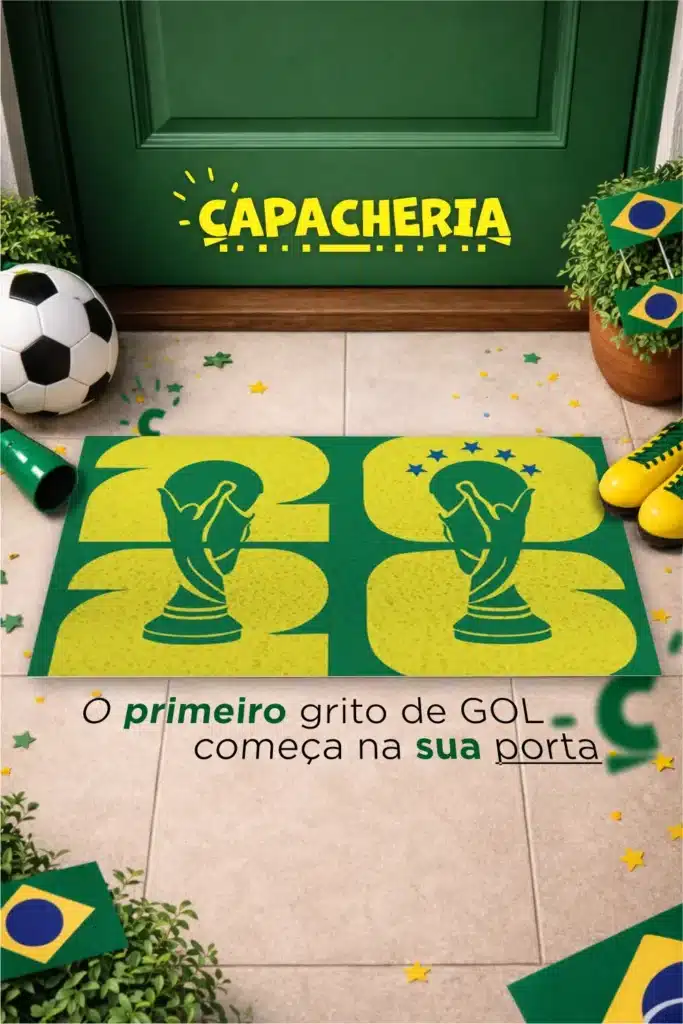 Tapete Capacho Brasil 5 Estrelas Campeão – Antiderrapante Tema Copa do Mundo
